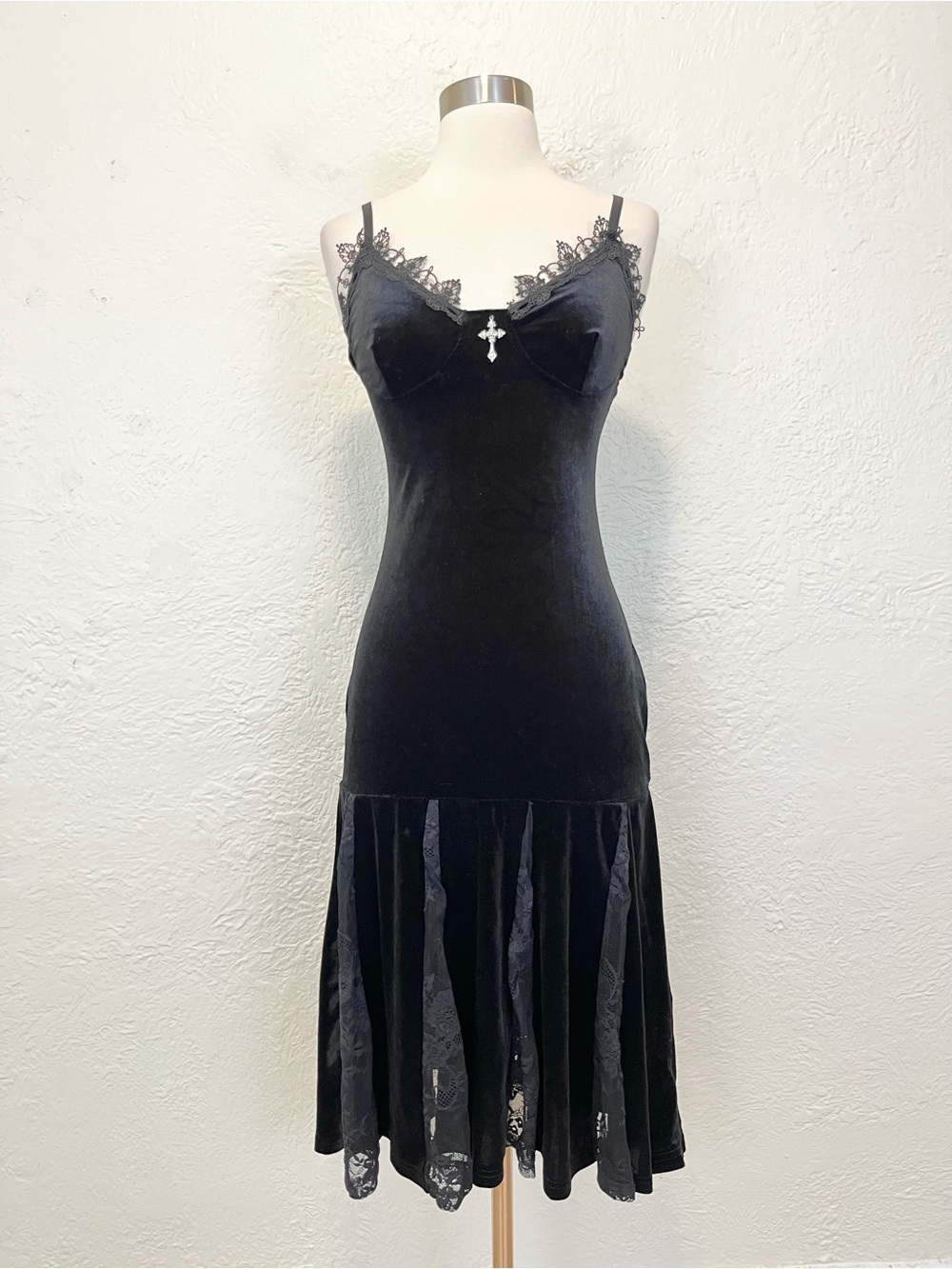 Gothic Victorian Dress Black Velvet Lace Trim Cross Midi XS Goth